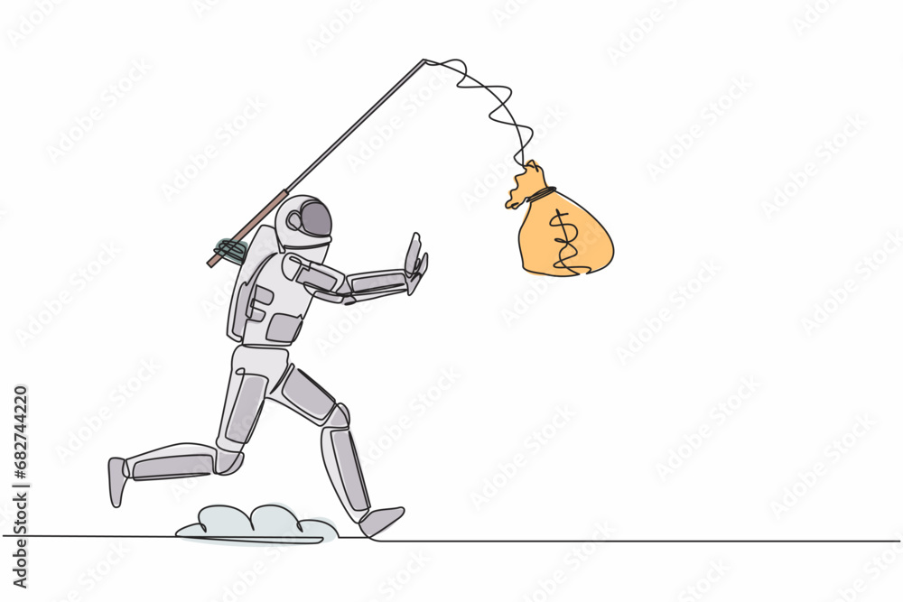Poster single continuous line drawing astronaut chasing bait of money bag from himself. foolishness and stu
