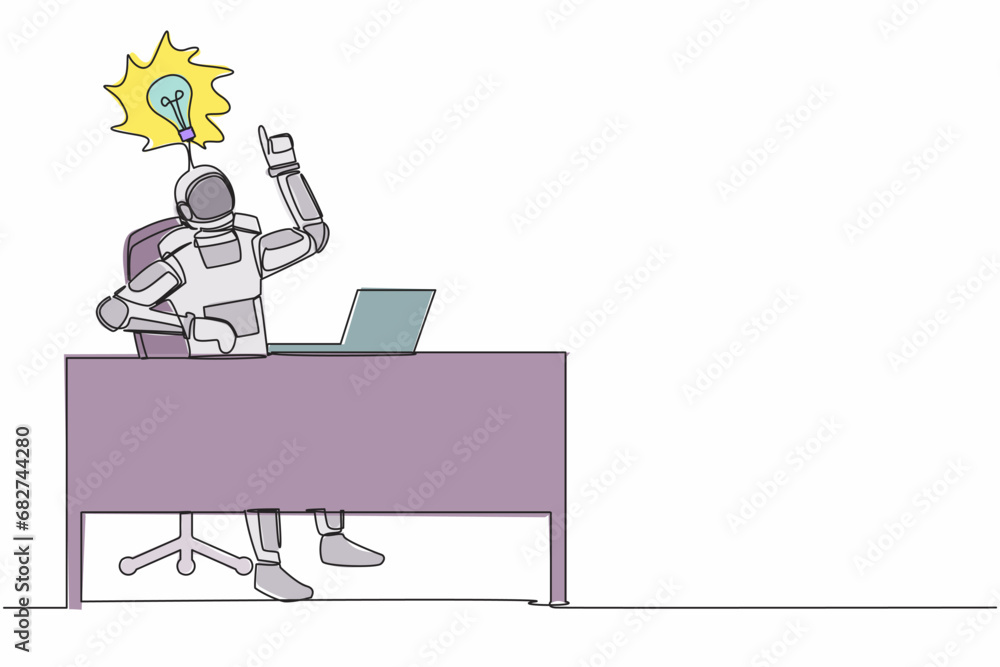 Poster continuous one line drawing astronaut getting bright new idea while working with laptop on desk. inn