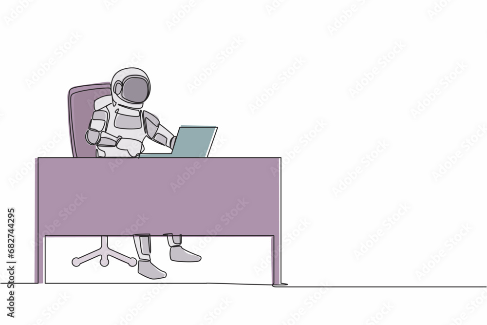 Poster continuous one line drawing astronaut typing and sending messages at working desk. researching prepa