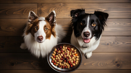Two black and brown dogs looking up and sitting on a wooden floor and wait for their meal, a food bowl next to them  