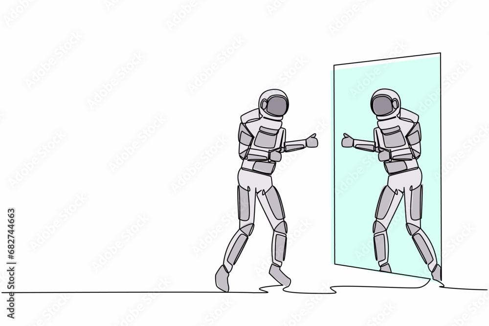 Aufkleber continuous one line drawing astronaut looks his reflection in mirror with thumbs up gesture. happy s