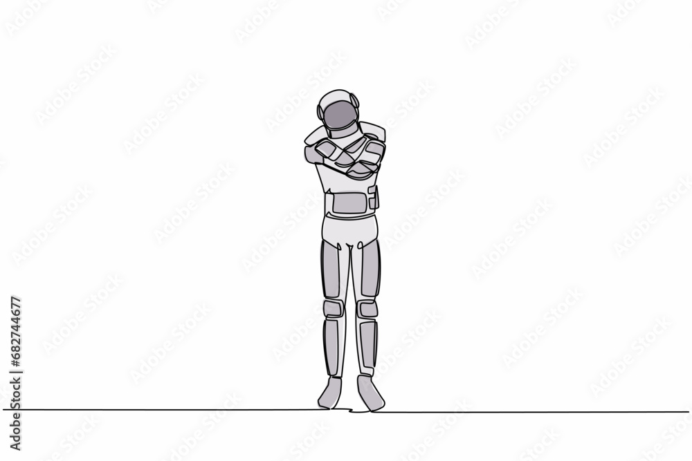 Poster single continuous line drawing astronaut hugging himself with positive emotion. charismatic spaceman