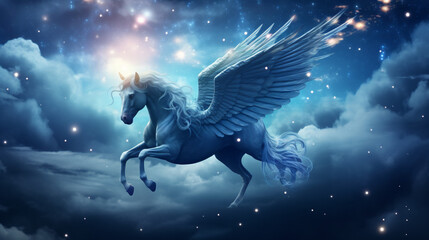 Blue glowing horse unicorn riding night sky star.