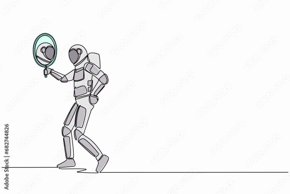 Poster continuous one line drawing young astronaut holding hand mirror. spaceman looking at himself in mirr