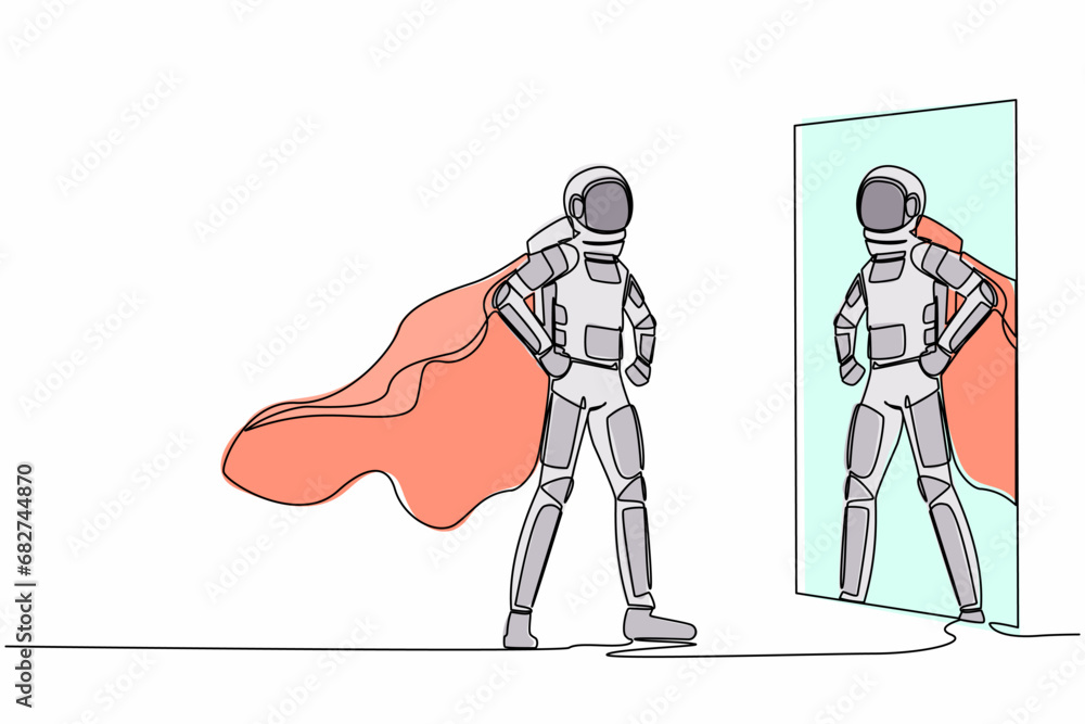Poster single one line drawing astronaut looking at reflection in mirror and seeing super hero standing. am