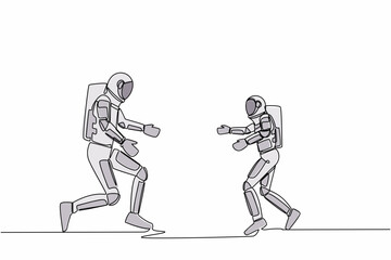 Fototapeta premium Single continuous line drawing of joyful little astronaut kid running to dad spaceman for family hug. Happy son meeting father with love. Cosmonaut deep space. One line draw design vector illustration