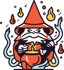 Vector illustration of angry cartoon gnome in a hat with a burning candle