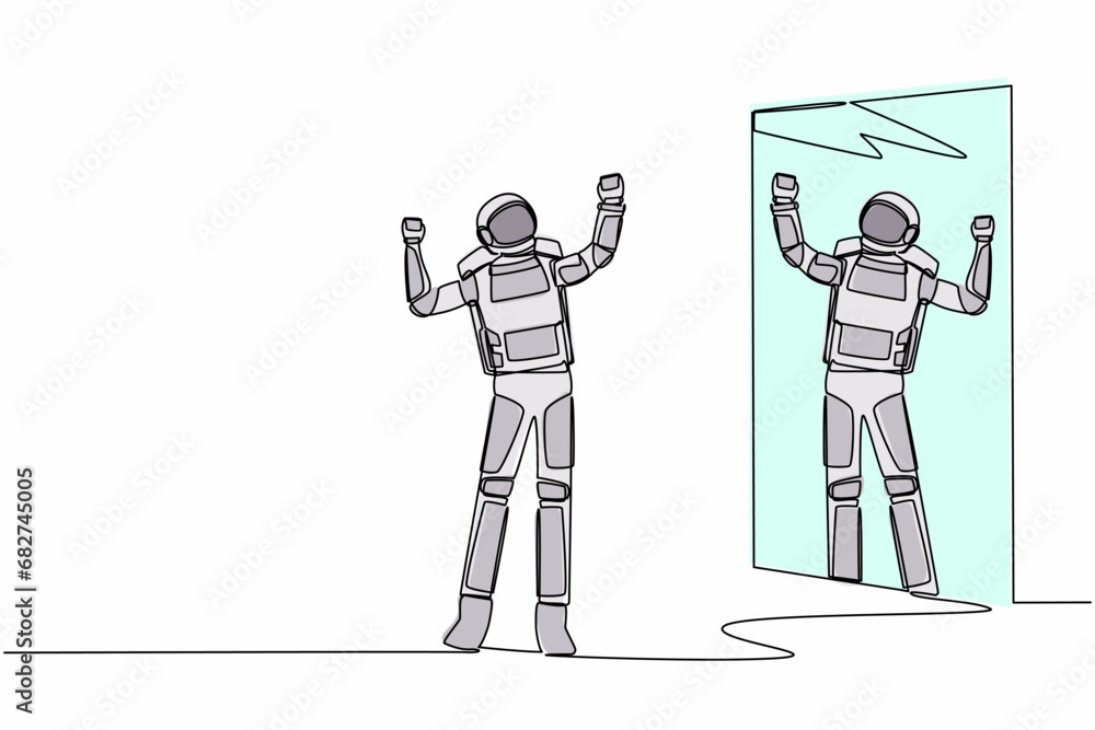 Poster single continuous line drawing happy astronaut look in mirror with raised hands. reflection in mirro