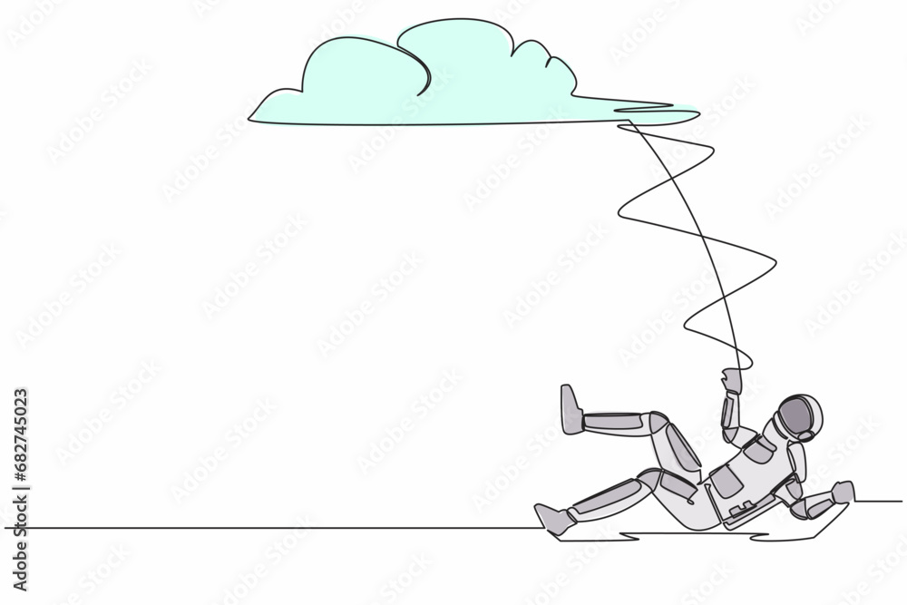 Aufkleber single continuous line drawing of unlucky young astronaut falling from cloud sky. loses spaceship bu