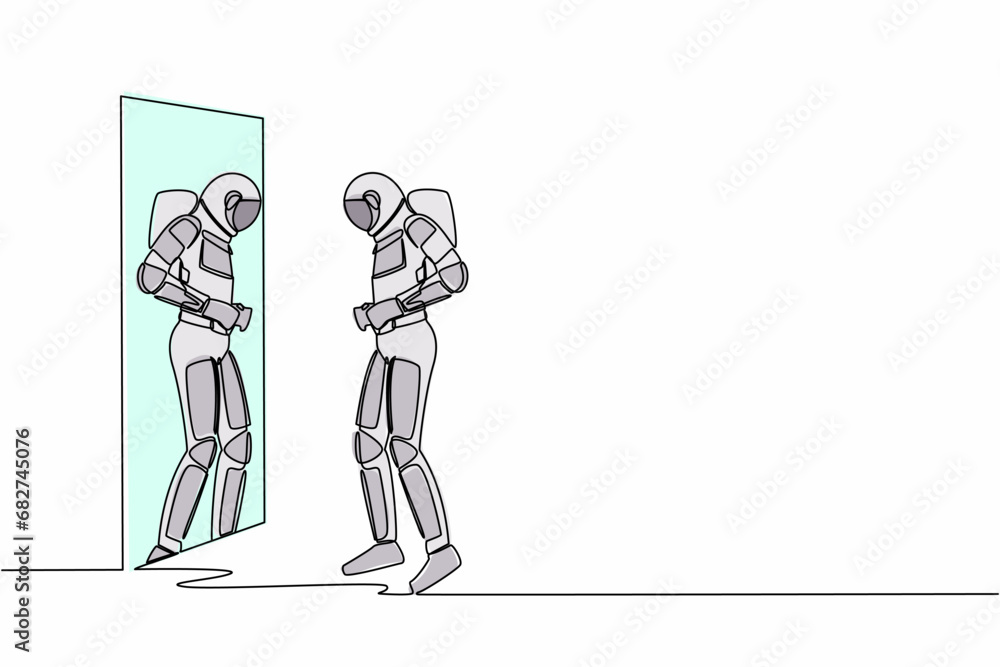 Poster single continuous line drawing astronaut standing front of mirror and see himself getting big belly 