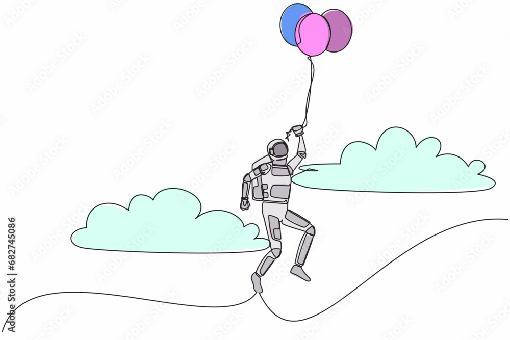 Aufkleber continuous one line drawing astronaut flying with balloon air. achieve journey independence. future 
