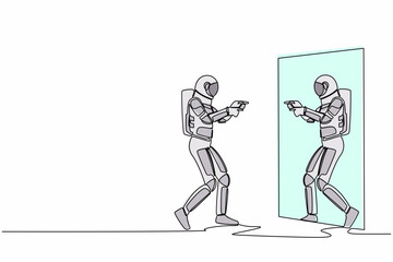 Continuous one line drawing narcissistic astronaut looks and pointing himself at mirror. Narcissism working in spaceship company. Cosmonaut outer space. Single line graphic design vector illustration