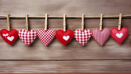 Gingham love valentine hearts natural cord and red clips hanging on rustic trough texture background