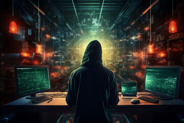 A man in a black hooded jacket stands against computer monitors, screens and monitors data security...