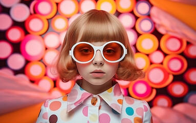 Fashion retro futuristic little girl on background with circle pop art background. Woman in...