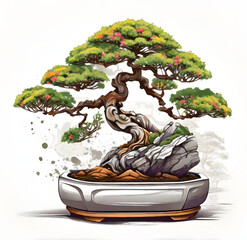Bonsai Tree on a White Background in Vase - AI Generated