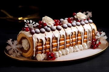 decorated yule log dessert ready to serve chocolate cake with berries for Christmas generated by AI tool

