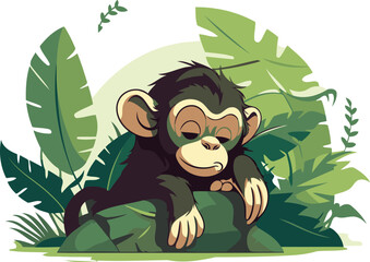 Chimpanzee sitting on the green leaves vector illustration