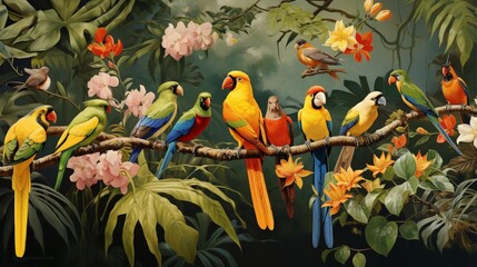 an image of exotic birds perched in harmony on a lush tree branch in a tropical paradise