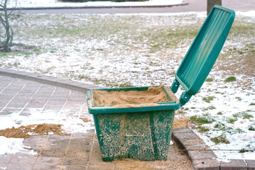 Grit bin for treatment paving slabs from snow and ice. Sand box for improve traction on snowy, icy...
