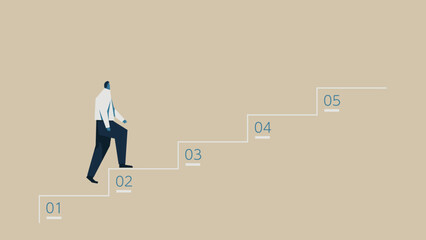 Businessman climbing 5 steps of stairs.