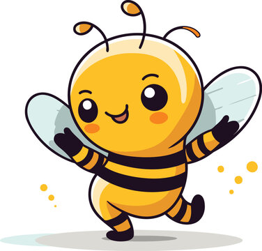 Cute cartoon bee isolated on white background vector illustration in flat style