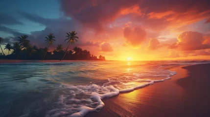 Foto auf Acrylglas Sonnenuntergang am Strand Palm beach sunset background Moving wave clouds retro beauty wallpaper