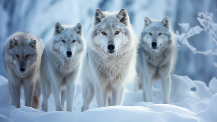 Obraz premium A pack of Arctic wolves in the snow-covered Arctic captured with a telephoto lens.