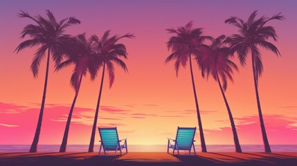 Palm trees and deck chairs under the sun in gradient colors Isolated on the background