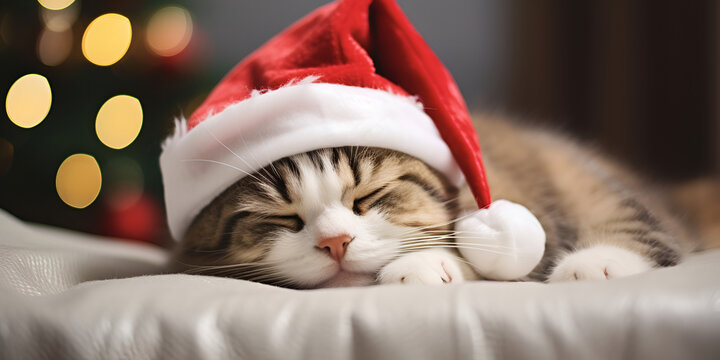 A cat wearing a santa hat is sleeping on a bed., "Festive Feline Dreaming: Cat Wearing Santa Hat Rests on Bed"
