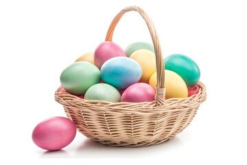 Fototapeta na wymiar Multi colors Easter eggs in the woven basket isolated on white background with clipping path. Pastel color Easter eggs.