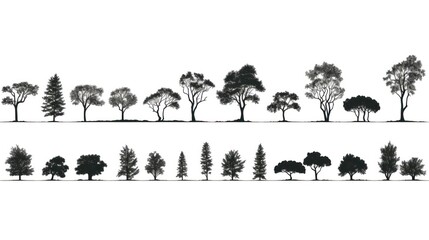 Set of outline tree silhouettes, side view, set of symbolic outdoor tree graphic elements for architecture and landscape design.
