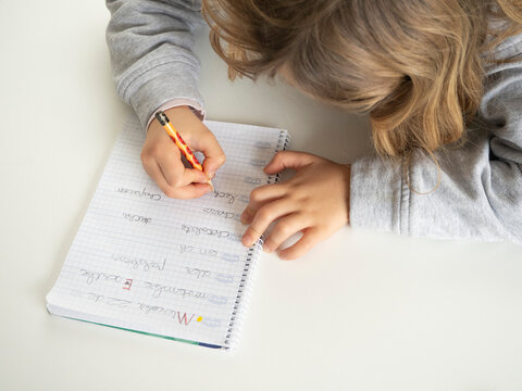 Ni&ntilde;a escribiendo palabras aprendiendo haciendo deberes