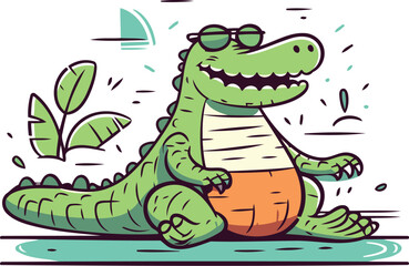 Crocodile in sunglasses sitting on the ground vector illustration