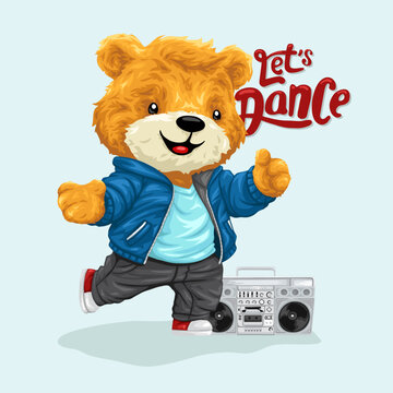 Vector illustration of cute teddy bear dancing with tape recorder. Original hand drawn concept