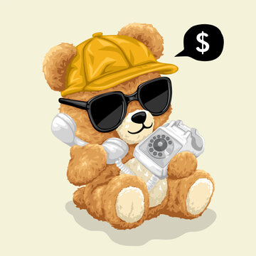 Vector illustration of cute teddy bear make a call with vintage phone. Original hand drawn concept