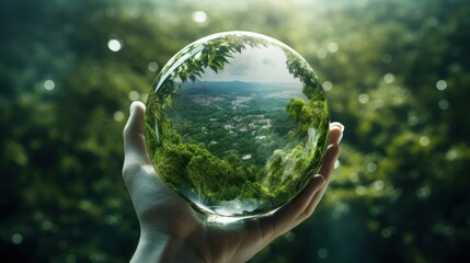 Green forest aerial view with Earth, green planet in your hands.