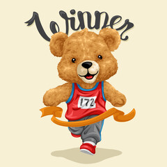 Vector illustration of cute teddy bear winning race. Original hand drawn concept