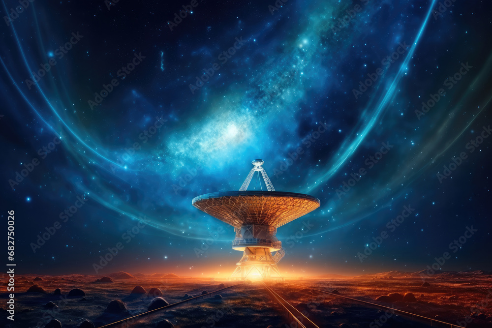 Poster the radio telescope capturing signals from distant galaxies under the milky way.