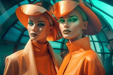Two women posing with green makeup and orange clothes. Chic glamorous female models in modern outfits. Generate ai