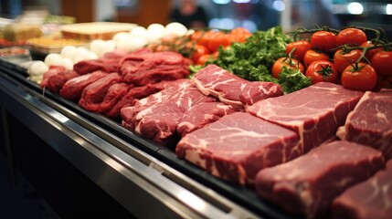 Red raw meat in meat supermarket, Beef, Pork, Diet food.