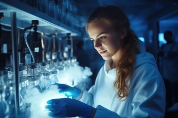 Female doctor works with Liquid Nitrogen cryostorage in medical lab, High tech medical lab equipment used in vitro fertilization process.