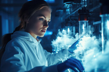 Female doctor works with Liquid Nitrogen cryostorage in medical lab, High tech medical lab equipment used in vitro fertilization process. - obrazy, fototapety, plakaty