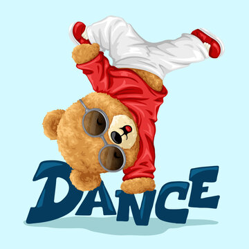 Vector illustration of cute teddy bear doing breakdance. Original hand drawn concept