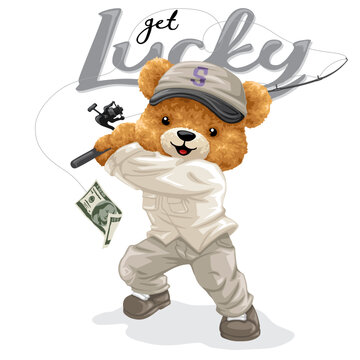Vector illustration of cute teddy bear fishing a money. Original hand drawn concept