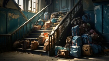 School bags abandoned on the stairs of school