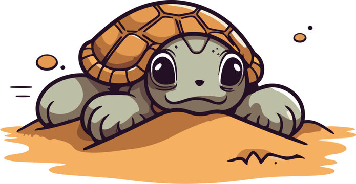 Vector illustration of cute cartoon turtle on sand isolated on white background