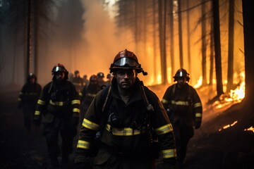 Firefighters team gets ready to work in burning forest.