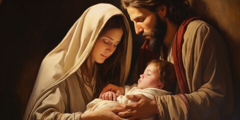 the holy family at christmas with jesus christ, maria and josef - obrazy, fototapety, plakaty