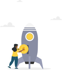 Funding a startup company or venture capital investment into a new business concept. A girl puts a money coin into an innovation rocket to launch a new business. Vector illustration.
